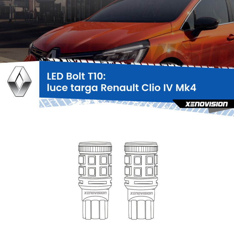 <strong>Luce Targa LED per Renault Clio IV</strong> Mk4 2012 - 2018. Coppia lampade <strong>T10</strong> modello Bolt canbus.