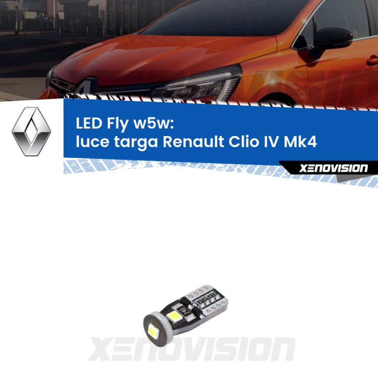 <strong>luce targa LED per Renault Clio IV</strong> Mk4 2012 - 2018. Coppia lampadine <strong>w5w</strong> Canbus compatte modello Fly Xenovision.