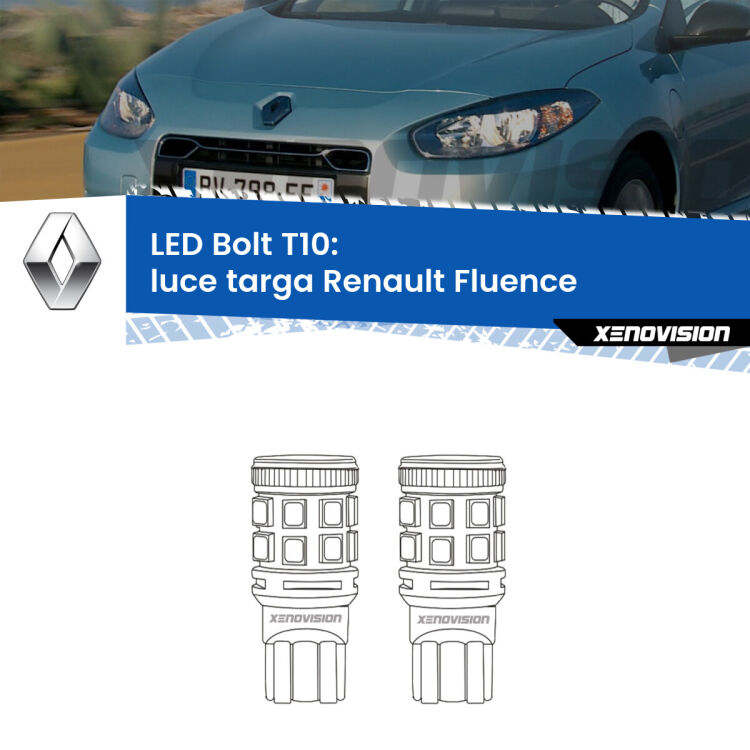 <strong>Luce Targa LED per Renault Fluence</strong>  2010 - 2015. Coppia lampade <strong>T10</strong> modello Bolt canbus.