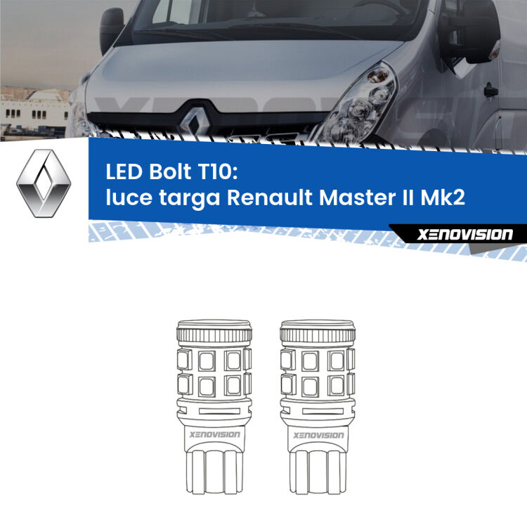 <strong>Luce Targa LED per Renault Master II</strong> Mk2 2004 - 2009. Coppia lampade <strong>T10</strong> modello Bolt canbus.