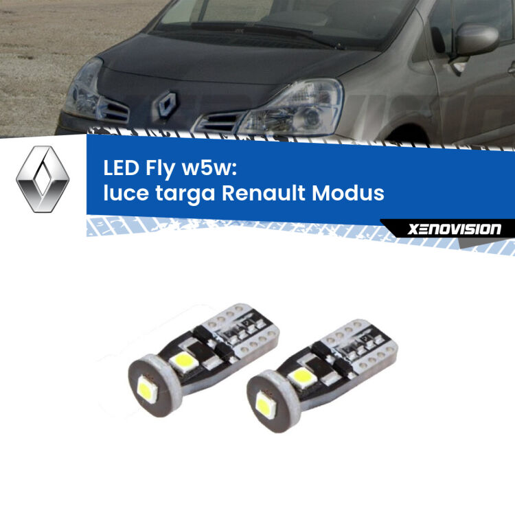 <strong>luce targa LED per Renault Modus</strong>  2004 - 2012. Coppia lampadine <strong>w5w</strong> Canbus compatte modello Fly Xenovision.