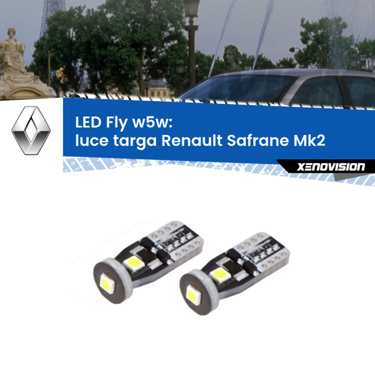 <strong>luce targa LED per Renault Safrane</strong> Mk2 1996 - 2000. Coppia lampadine <strong>w5w</strong> Canbus compatte modello Fly Xenovision.