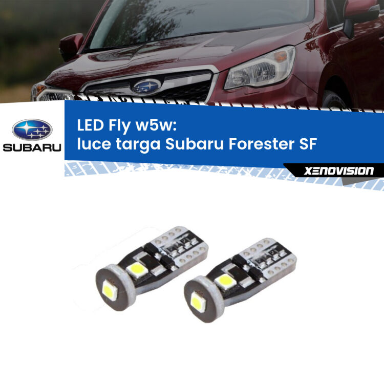 <strong>luce targa LED per Subaru Forester</strong> SF 1997 - 2002. Coppia lampadine <strong>w5w</strong> Canbus compatte modello Fly Xenovision.