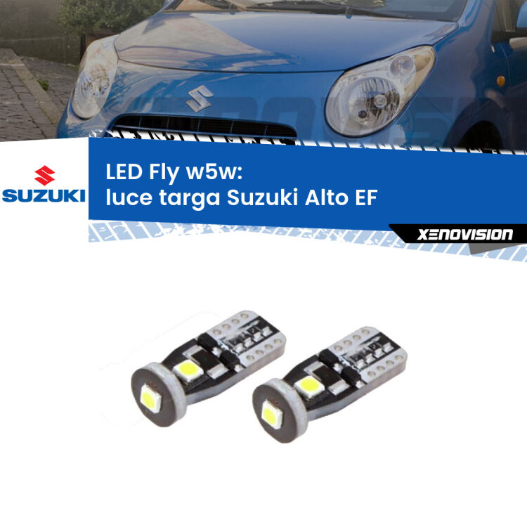 <strong>luce targa LED per Suzuki Alto</strong> EF 1994 - 2002. Coppia lampadine <strong>w5w</strong> Canbus compatte modello Fly Xenovision.