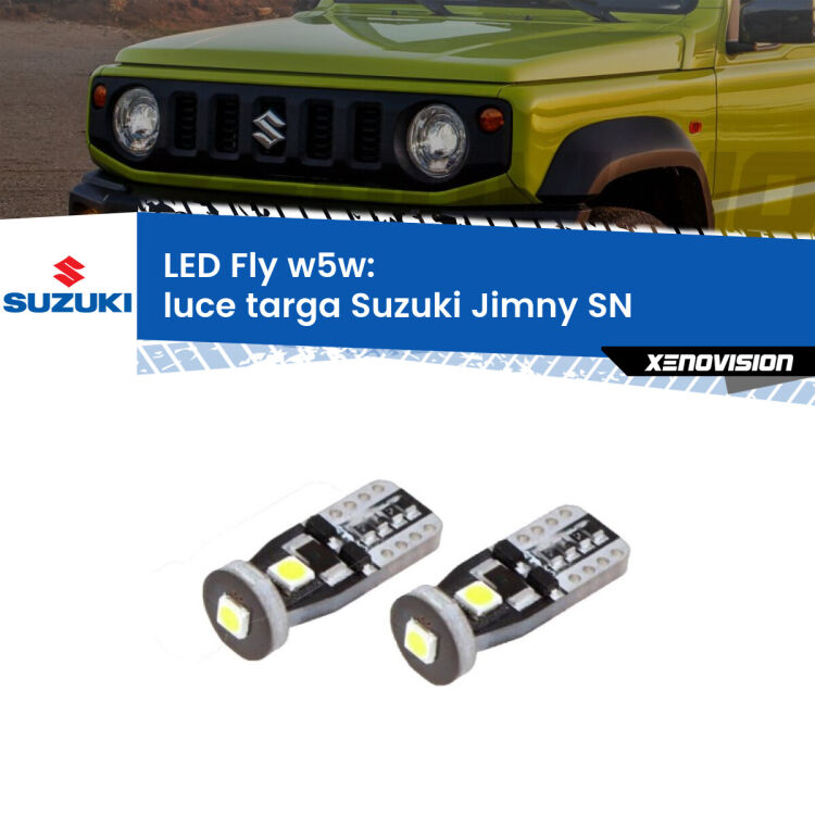 <strong>luce targa LED per Suzuki Jimny</strong> SN 1998 in poi. Coppia lampadine <strong>w5w</strong> Canbus compatte modello Fly Xenovision.