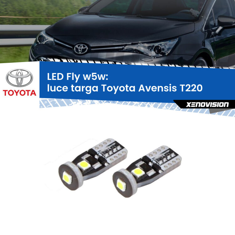 <strong>luce targa LED per Toyota Avensis</strong> T220 1997 - 2003. Coppia lampadine <strong>w5w</strong> Canbus compatte modello Fly Xenovision.