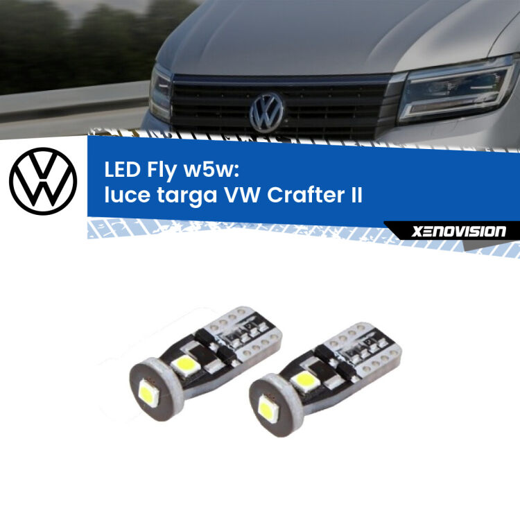 <strong>luce targa LED per VW Crafter</strong> II 2016 in poi. Coppia lampadine <strong>w5w</strong> Canbus compatte modello Fly Xenovision.