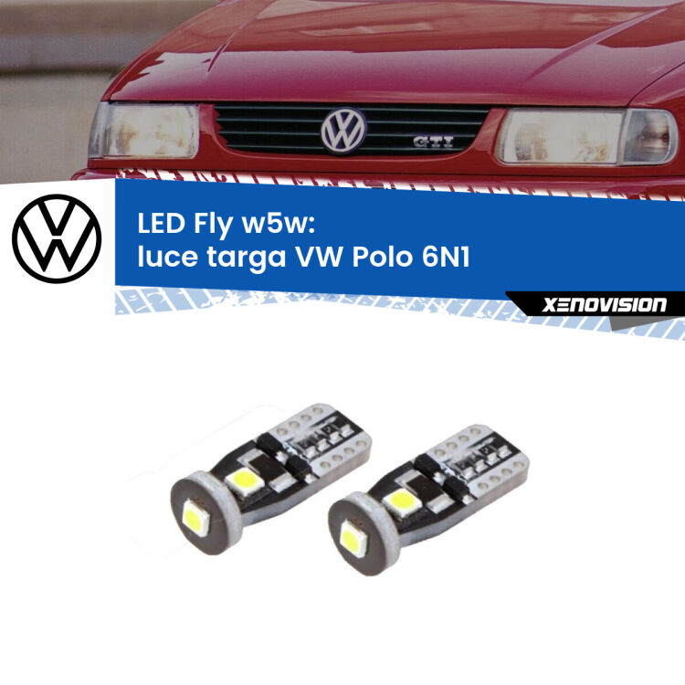 <strong>luce targa LED per VW Polo</strong> 6N1 1994 - 1998. Coppia lampadine <strong>w5w</strong> Canbus compatte modello Fly Xenovision.