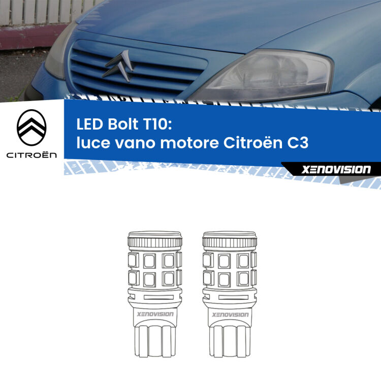 <strong>Luce Vano Motore LED per Citroën C3</strong>  2002 - 2009. Coppia lampade <strong>T10</strong> modello Bolt canbus.