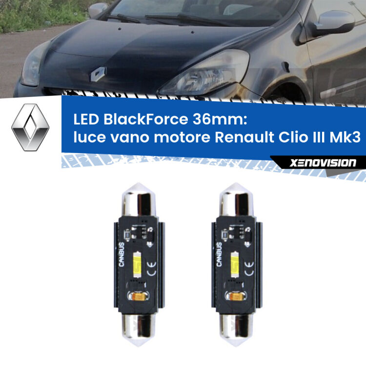 <strong>Luce Vano Motore LED per Renault Clio III</strong> Mk3 2005 - 2011. Coppia lampade <strong>C5W</strong> 36mm modello BlackForce canbus.