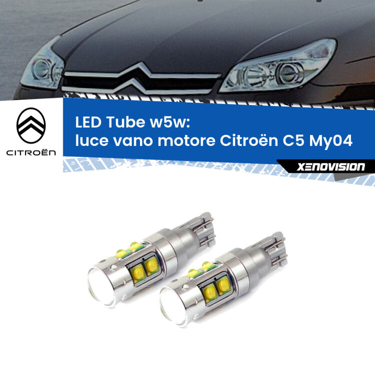 <strong>Luce Vano Motore LED 6000k per Citroën C5</strong> My04 2004 - 2008. Lampadine <strong>W5W</strong> canbus modello Tube, luce bianco lunare, lunga durata e compatibilità.