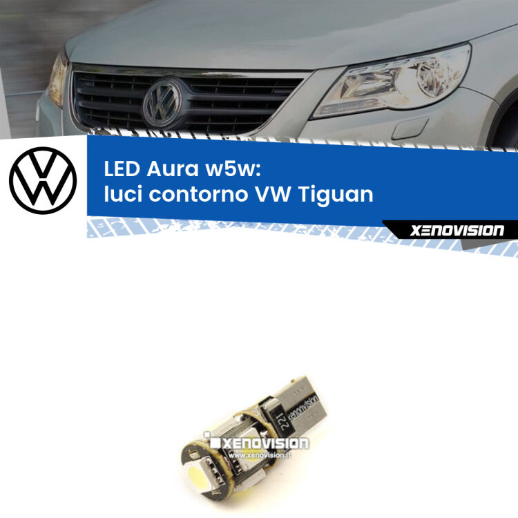 <strong>LED luci contorno w5w per VW Tiguan</strong>  2007 - 2018. Una lampadina <strong>w5w</strong> canbus luce bianca 6000k modello Aura Xenovision.