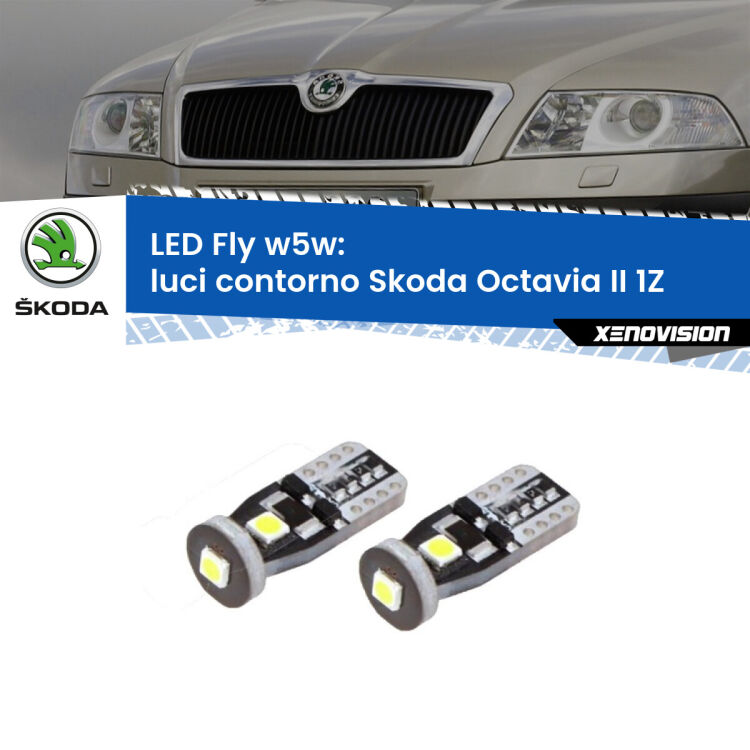 <strong>luci contorno LED per Skoda Octavia II</strong> 1Z 2004 - 2013. Coppia lampadine <strong>w5w</strong> Canbus compatte modello Fly Xenovision.