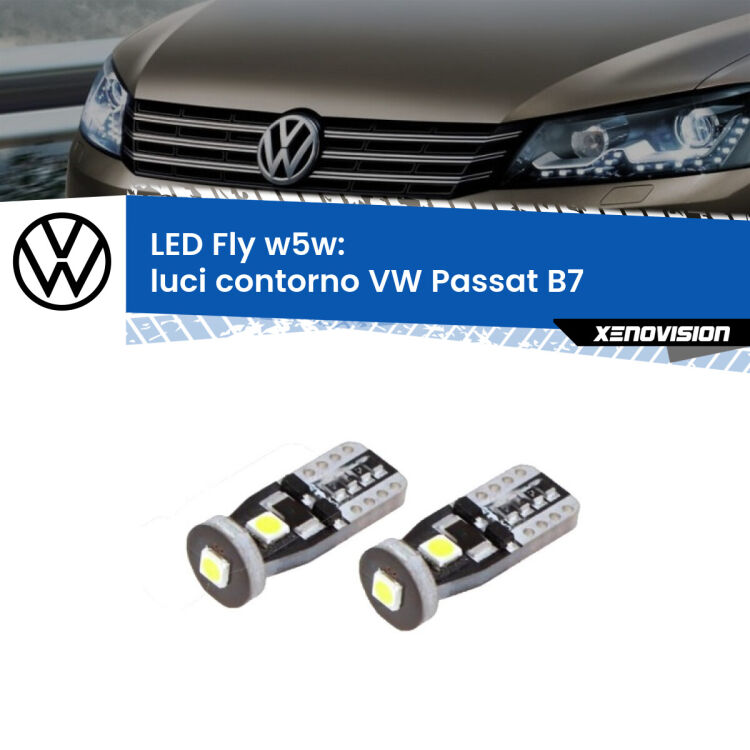 <strong>luci contorno LED per VW Passat</strong> B7 2010 - 2014. Coppia lampadine <strong>w5w</strong> Canbus compatte modello Fly Xenovision.