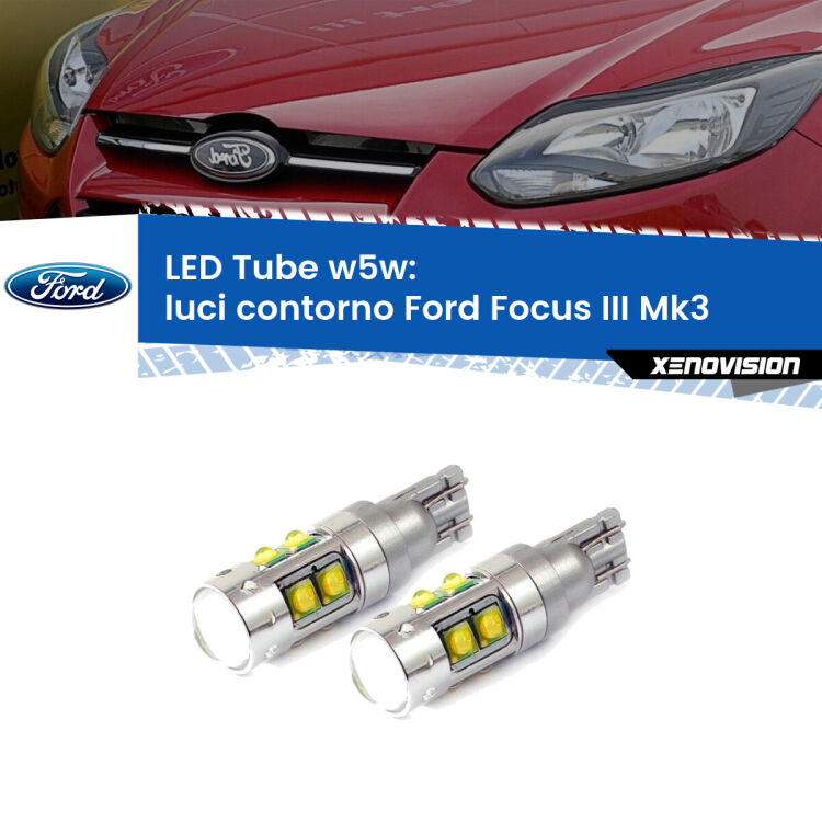 <strong>Luci Contorno LED 6000k per Ford Focus III</strong> Mk3 2011 - 2014. Lampadine <strong>W5W</strong> canbus modello Tube, luce bianco lunare, lunga durata e compatibilità.