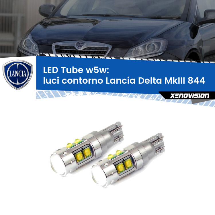 <strong>Luci Contorno LED 6000k per Lancia Delta MkIII</strong> 844 2008 - 2014. Lampadine <strong>W5W</strong> canbus modello Tube, luce bianco lunare, lunga durata e compatibilità.