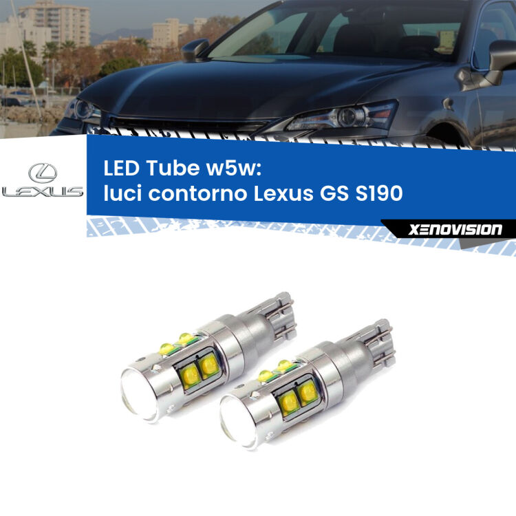 <strong>Luci Contorno LED 6000k per Lexus GS</strong> S190 2005 - 2011. Lampadine <strong>W5W</strong> canbus modello Tube, luce bianco lunare, lunga durata e compatibilità.