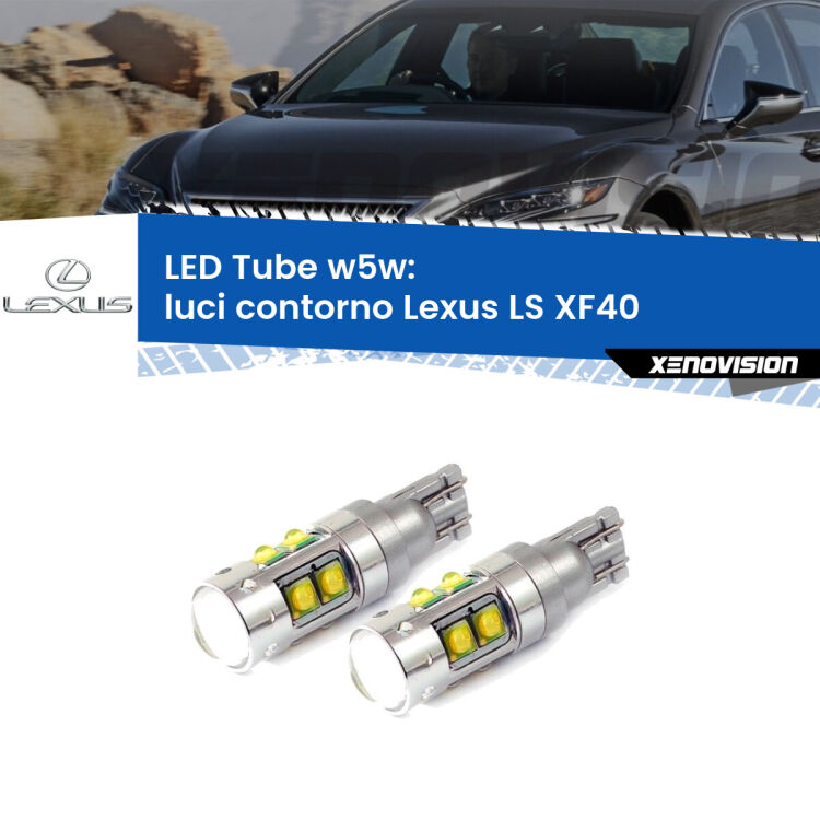 <strong>Luci Contorno LED 6000k per Lexus LS</strong> XF40 2006 - 2016. Lampadine <strong>W5W</strong> canbus modello Tube, luce bianco lunare, lunga durata e compatibilità.