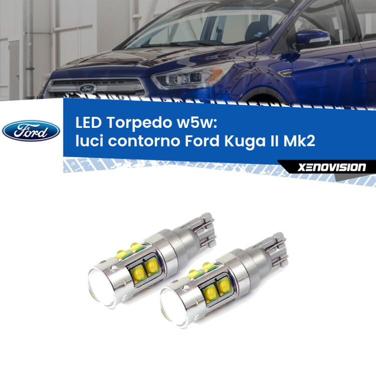 <strong>Luci Contorno LED 6000k per Ford Kuga II</strong>  2012 - 2019. Lampadine <strong>W5W</strong> canbus modello Tube, luce bianco lunare, lunga durata e compatibilità.