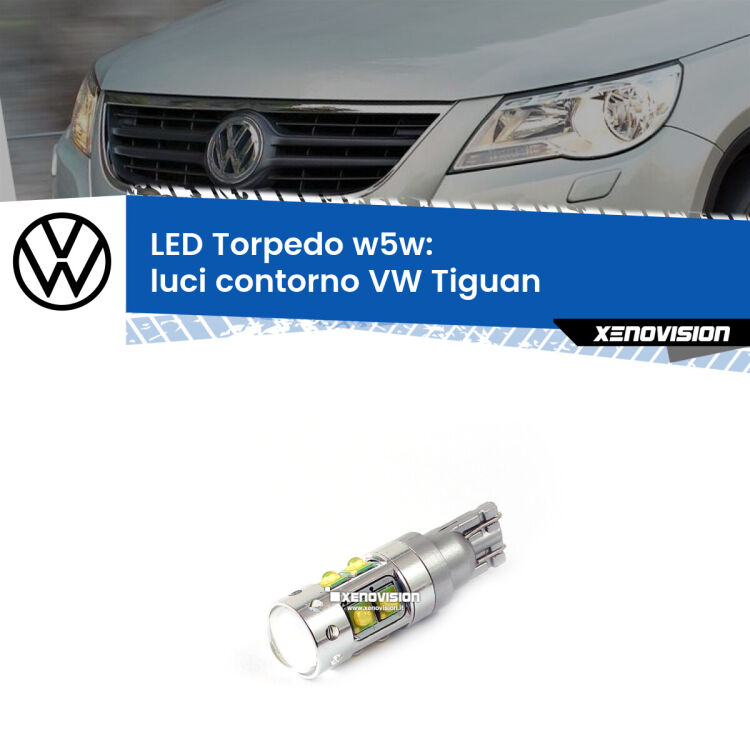 <strong>Luci Contorno LED 6000k per VW Tiguan</strong>  2007 - 2018. Lampadine <strong>W5W</strong> canbus modello Torpedo.