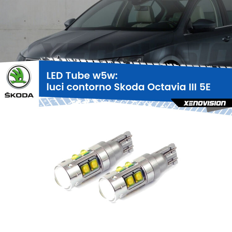 <strong>Luci Contorno LED 6000k per Skoda Octavia III</strong> 5E 2012 - 2018. Lampadine <strong>W5W</strong> canbus modello Tube, luce bianco lunare, lunga durata e compatibilità.