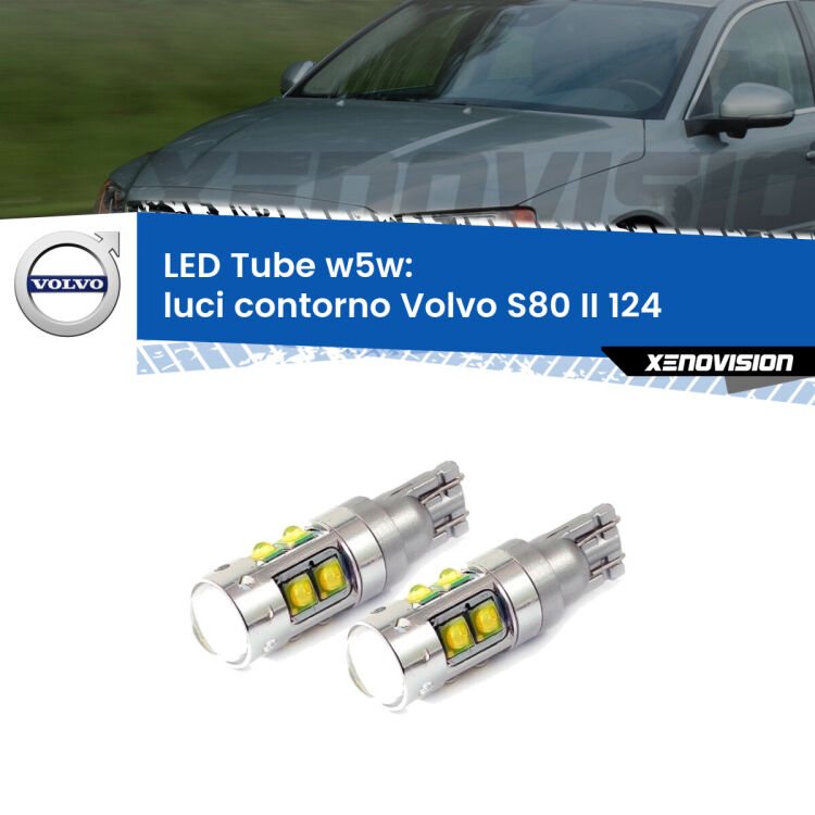 <strong>Luci Contorno LED 6000k per Volvo S80 II</strong> 124 2006 - 2016. Lampadine <strong>W5W</strong> canbus modello Tube, luce bianco lunare, lunga durata e compatibilità.