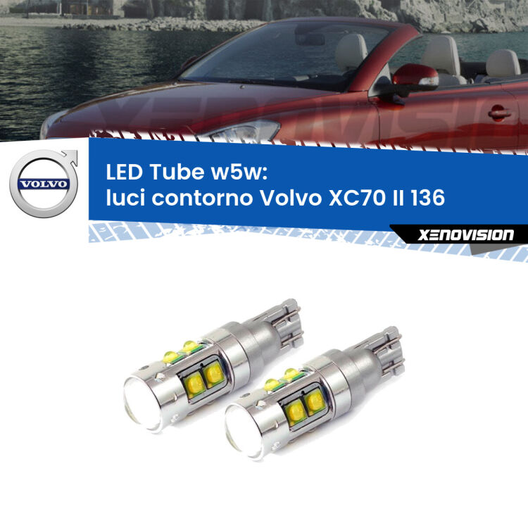 <strong>Luci Contorno LED 6000k per Volvo XC70 II</strong> 136 2007 - 2015. Lampadine <strong>W5W</strong> canbus modello Tube, luce bianco lunare, lunga durata e compatibilità.