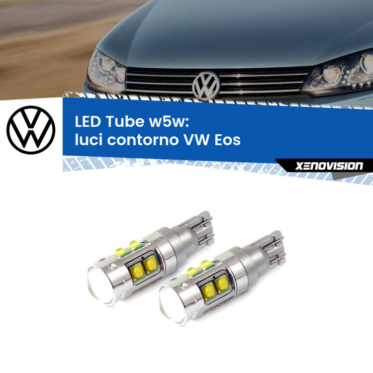 <strong>Luci Contorno LED 6000k per VW Eos</strong>  2006 - 2015. Lampadine <strong>W5W</strong> canbus modello Tube, luce bianco lunare, lunga durata e compatibilità.