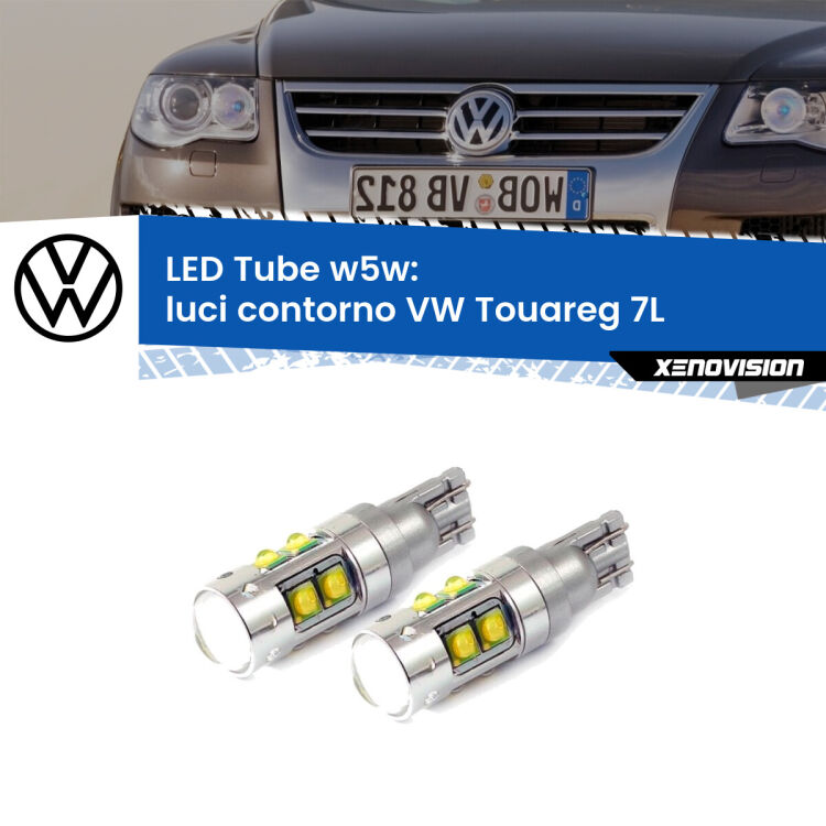 <strong>Luci Contorno LED 6000k per VW Touareg</strong> 7L 2002 - 2010. Lampadine <strong>W5W</strong> canbus modello Tube, luce bianco lunare, lunga durata e compatibilità.