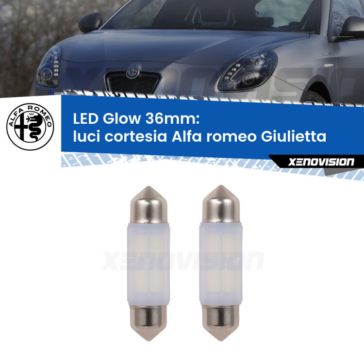 <strong>Luci Cortesia LED luce calda per Alfa romeo Giulietta</strong>  2010 in poi. Coppia lampade <strong>C5W</strong> 36mm modello Glow di Xenovision.