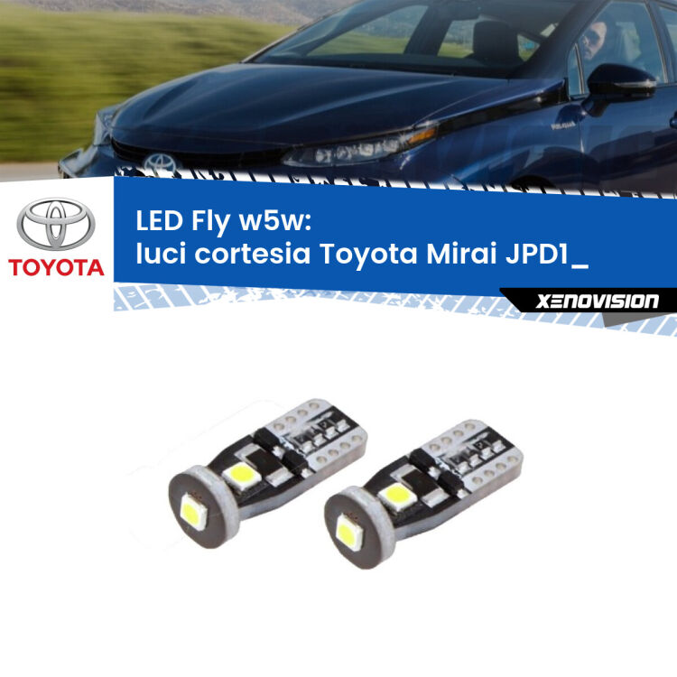 <strong>luci cortesia LED per Toyota Mirai</strong> JPD1_ anteriori. Coppia lampadine <strong>w5w</strong> Canbus compatte modello Fly Xenovision.