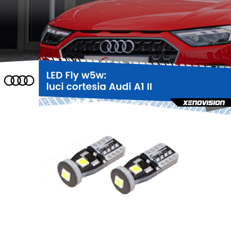 <strong>luci cortesia LED per Audi A1</strong> II 2019 in poi. Coppia lampadine <strong>w5w</strong> Canbus compatte modello Fly Xenovision.