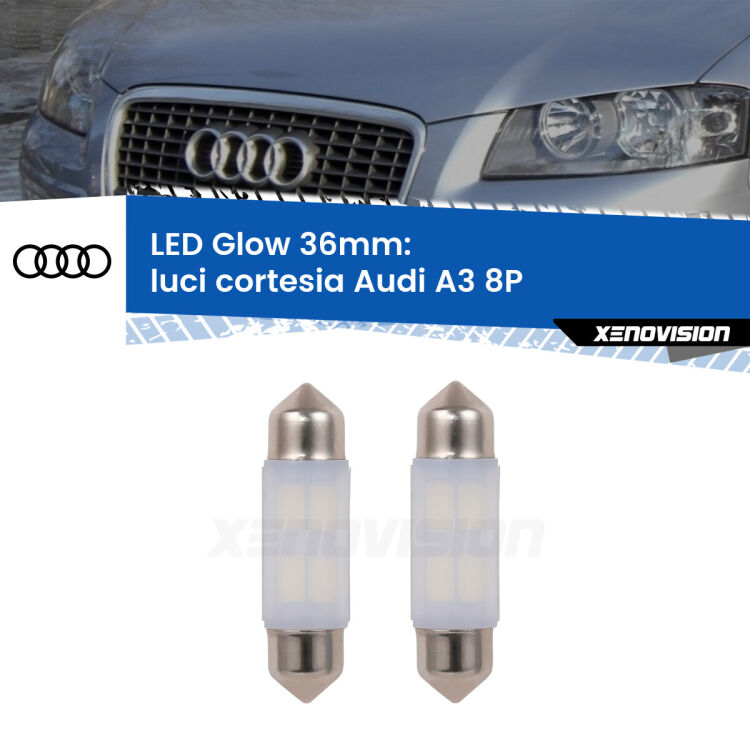 <strong>Luci Cortesia LED luce calda per Audi A3</strong> 8P posteriori. Coppia lampade <strong>C5W</strong> 36mm modello Glow di Xenovision.