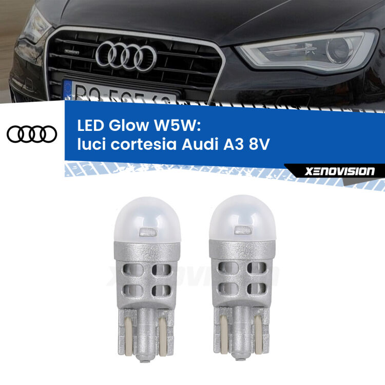 <strong>Luci Cortesia LED luce calda per Audi A3</strong> 8V 2013 - 2020. Coppia lampade <strong>W5W</strong> modello Glow di Xenovision.