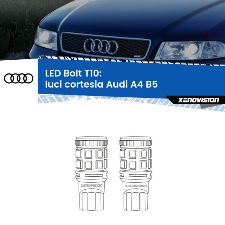 <strong>Luci Cortesia LED per Audi A4</strong> B5 posteriori. Coppia lampade <strong>T10</strong> modello Bolt canbus.