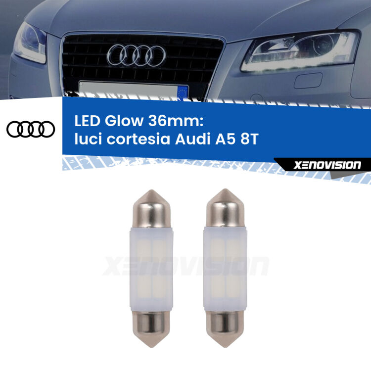 <strong>Luci Cortesia LED luce calda per Audi A5</strong> 8T anteriori. Coppia lampade <strong>C5W</strong> 36mm modello Glow di Xenovision.