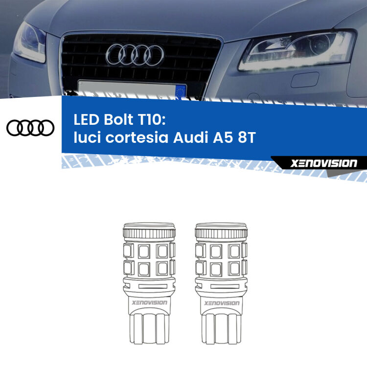 <strong>Luci Cortesia LED per Audi A5</strong> 8T posteriori. Coppia lampade <strong>T10</strong> modello Bolt canbus.