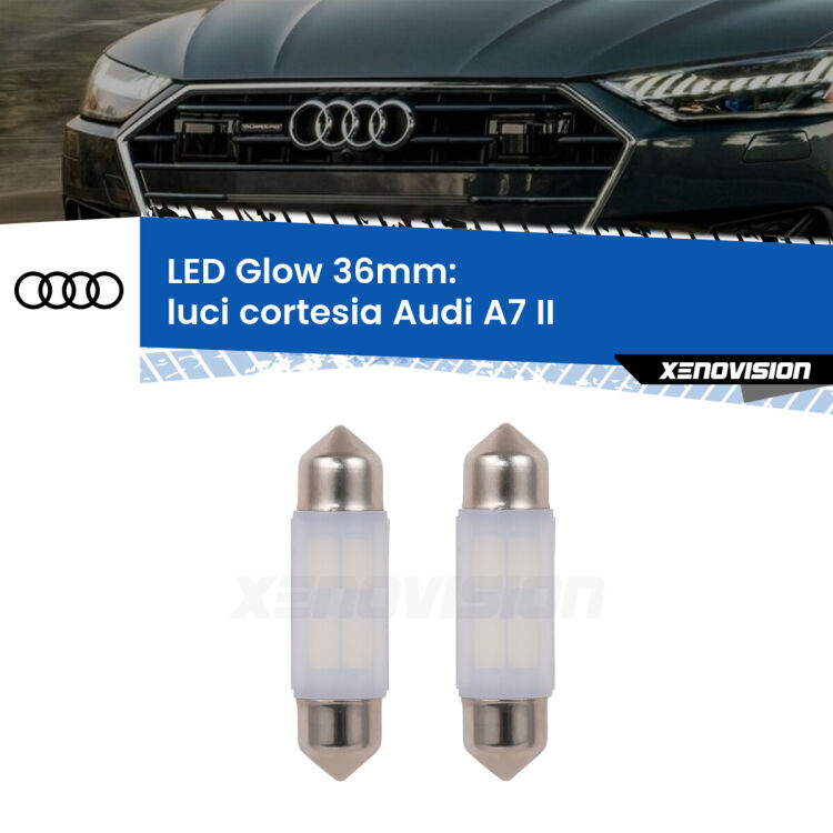 <strong>Luci Cortesia LED luce calda per Audi A7</strong> II 2019 in poi. Coppia lampade <strong>C5W</strong> 36mm modello Glow di Xenovision.