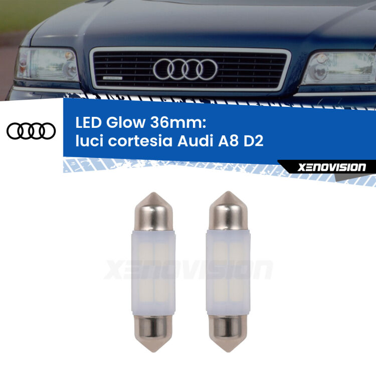 <strong>Luci Cortesia LED luce calda per Audi A8</strong> D2 posteriori. Coppia lampade <strong>C5W</strong> 36mm modello Glow di Xenovision.