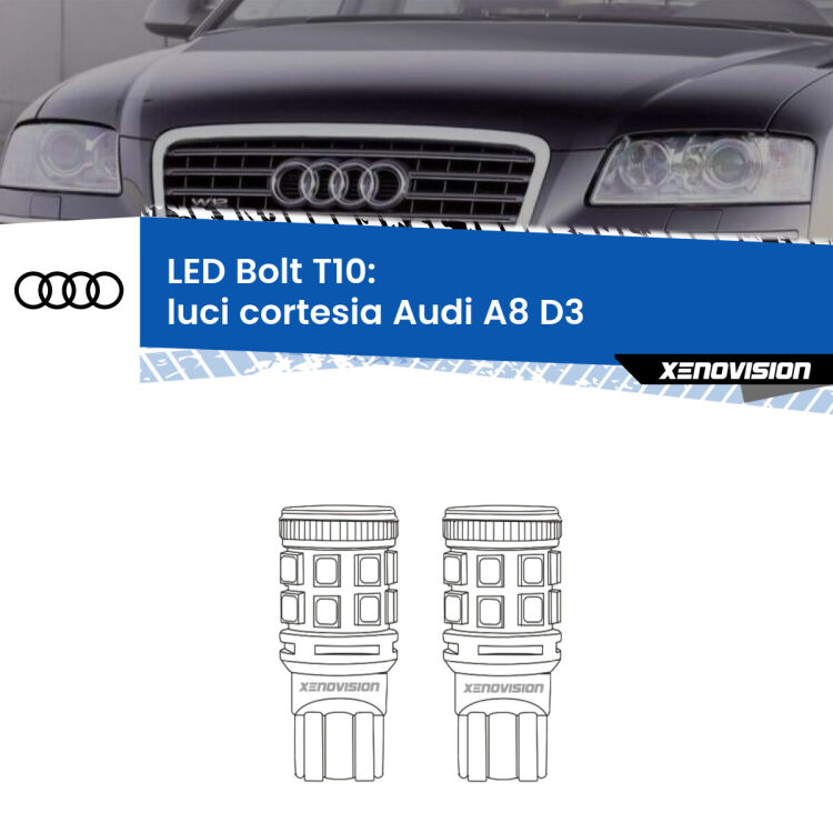 <strong>Luci Cortesia LED per Audi A8</strong> D3 2002 - 2009. Coppia lampade <strong>T10</strong> modello Bolt canbus.