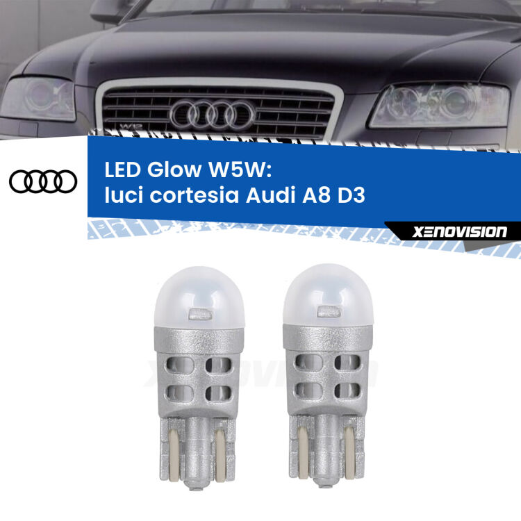 <strong>Luci Cortesia LED luce calda per Audi A8</strong> D3 2002 - 2009. Coppia lampade <strong>W5W</strong> modello Glow di Xenovision.