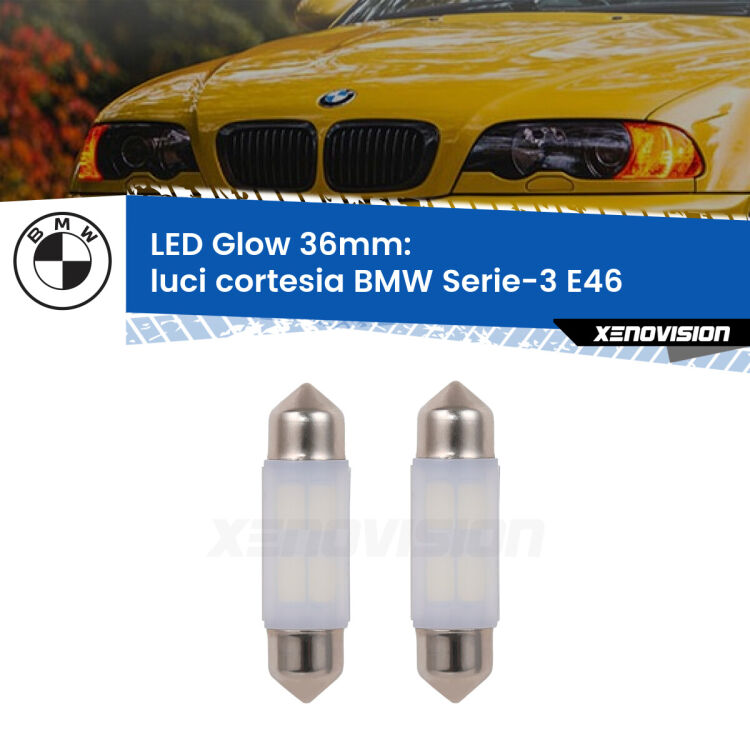 <strong>Luci Cortesia LED luce calda per BMW Serie-3</strong> E46 anteriori. Coppia lampade <strong>C5W</strong> 36mm modello Glow di Xenovision.