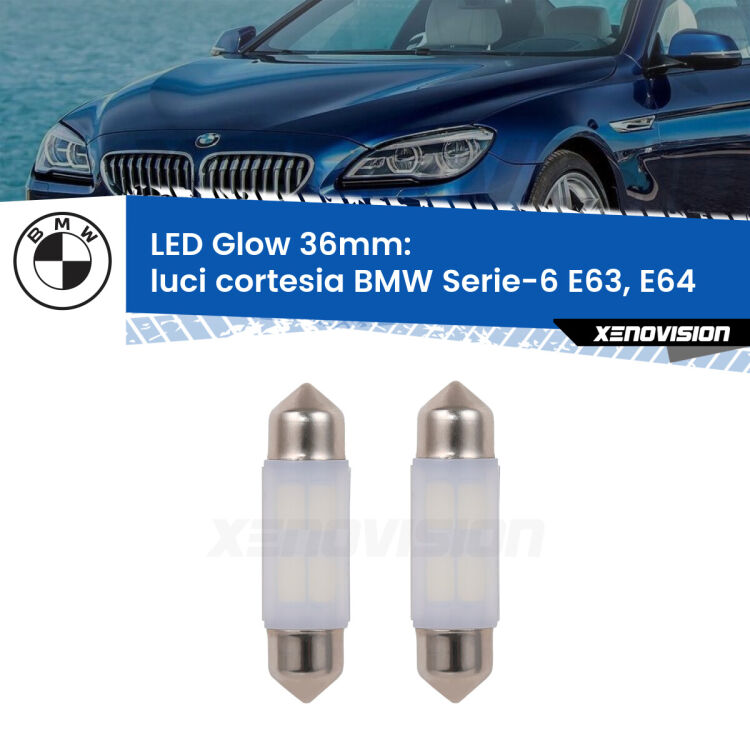 <strong>Luci Cortesia LED luce calda per BMW Serie-6</strong> E63, E64 2004 - 2010. Coppia lampade <strong>C5W</strong> 36mm modello Glow di Xenovision.