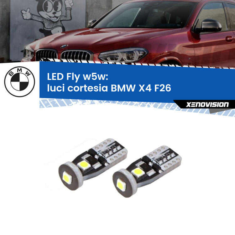 <strong>luci cortesia LED per BMW X4</strong> F26 2014 - 2017. Coppia lampadine <strong>w5w</strong> Canbus compatte modello Fly Xenovision.