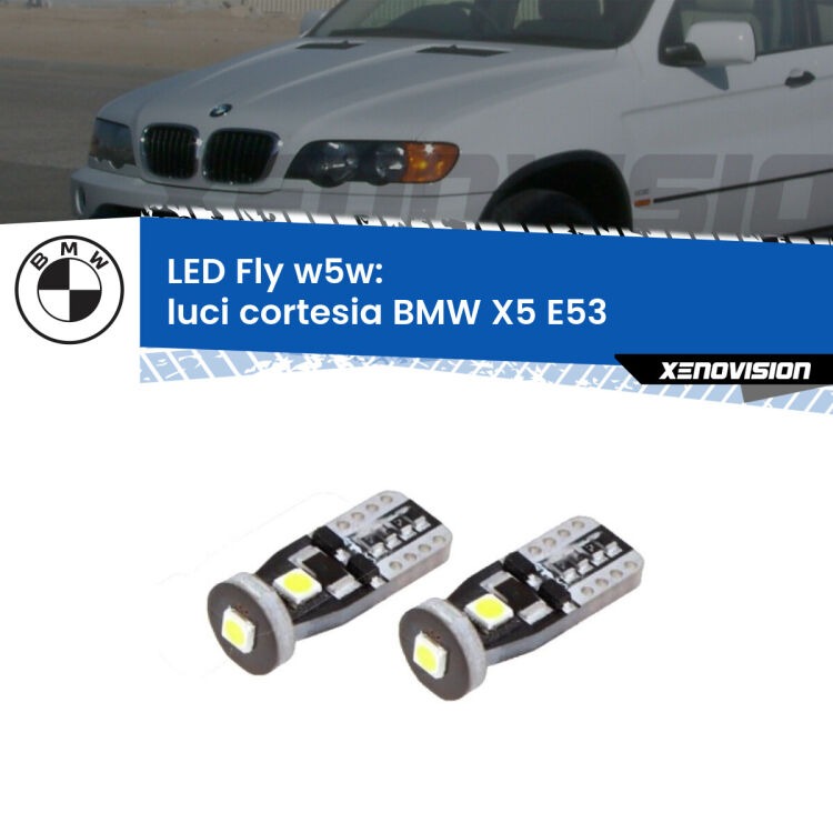 <strong>luci cortesia LED per BMW X5</strong> E53 1999 - 2005. Coppia lampadine <strong>w5w</strong> Canbus compatte modello Fly Xenovision.