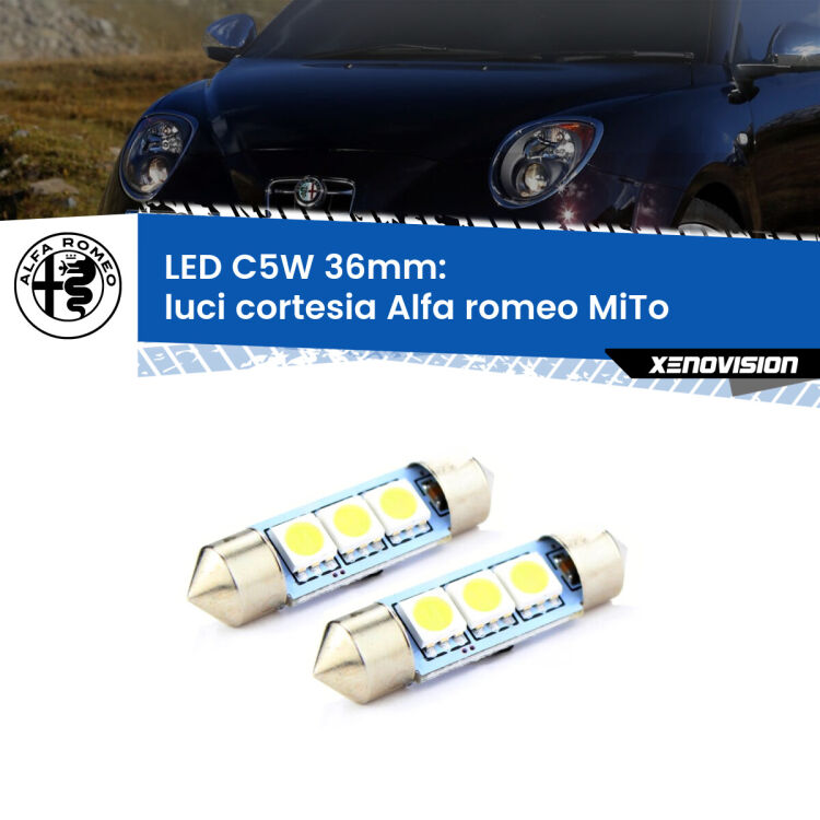 <strong>Luci Cortesia LED per Alfa romeo MiTo</strong>  2008 - 2018. Coppia lampade <strong>C5W</strong> 36mm estremamente longeve.