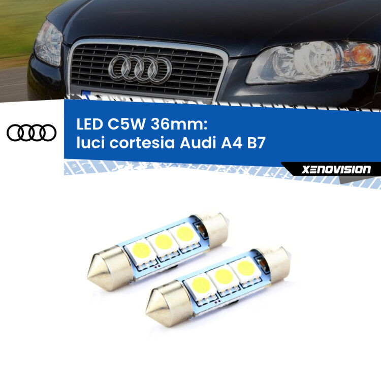 <strong>Luci Cortesia LED per Audi A4</strong> B7 posteriori. Coppia lampade <strong>C5W</strong> 36mm estremamente longeve.