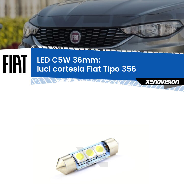 <strong>Luci Cortesia LED per Fiat Tipo</strong> 356 2015 in poi. Coppia lampade <strong>C5W</strong> 36mm estremamente longeve.