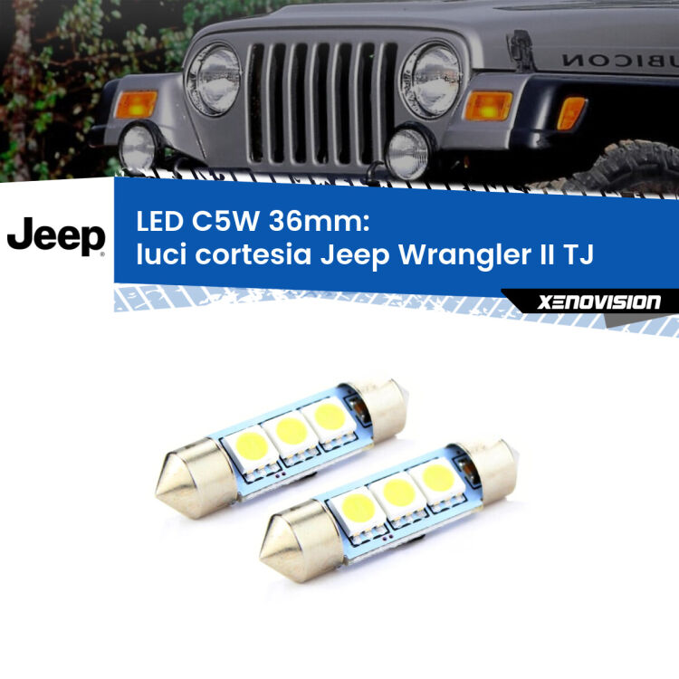 <strong>Luci Cortesia LED per Jeep Wrangler II</strong> TJ 1996 - 2005. Coppia lampade <strong>C5W</strong> 36mm estremamente longeve.