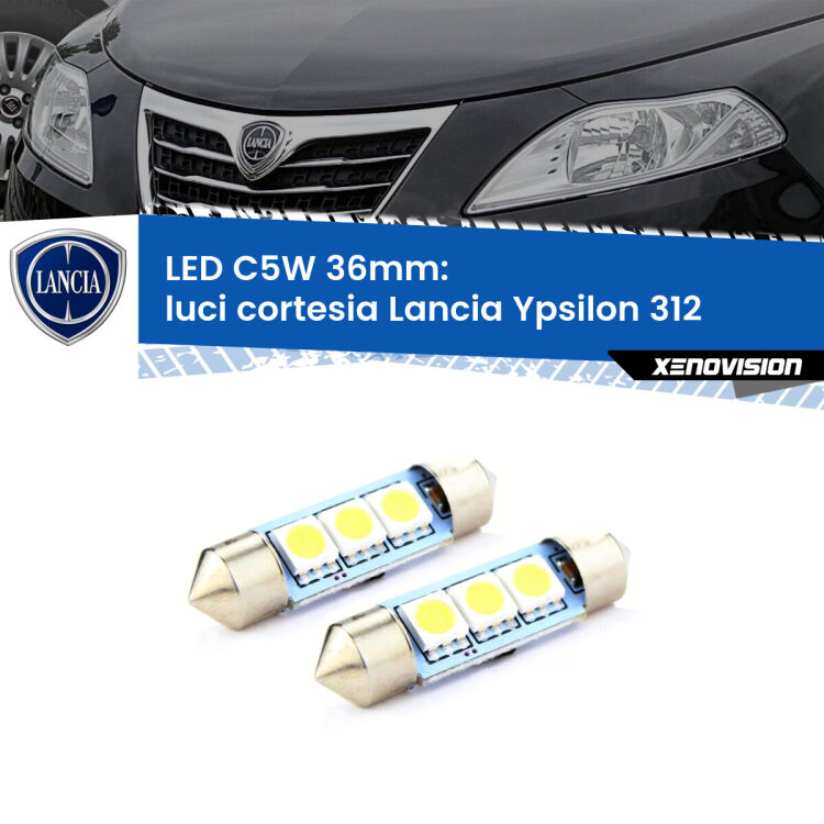 <strong>Luci Cortesia LED per Lancia Ypsilon</strong> 312 2011 in poi. Coppia lampade <strong>C5W</strong> 36mm estremamente longeve.